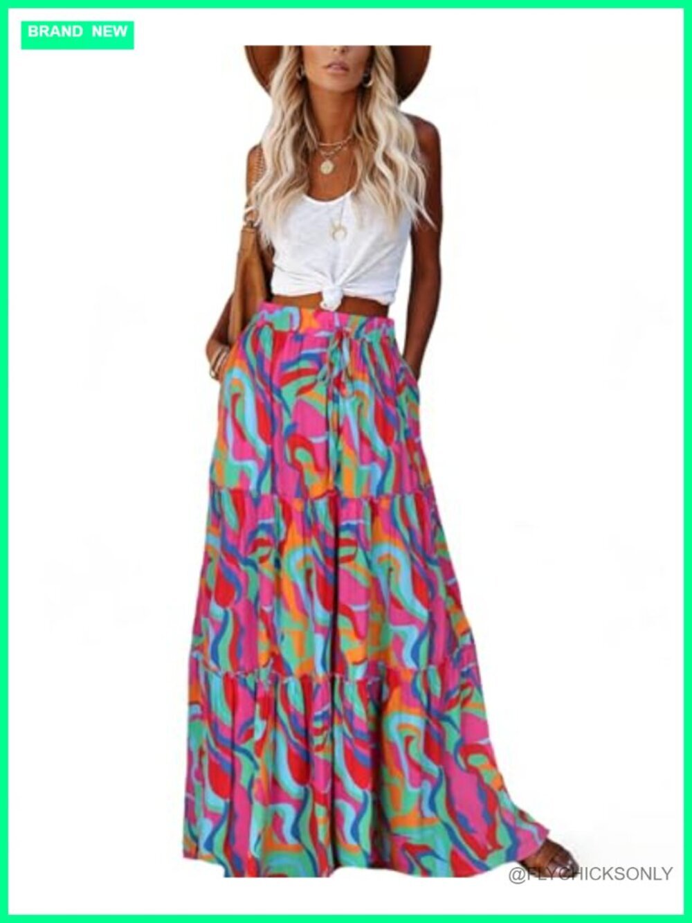 Boho Maxi Skirt with Pockets High Waist Tie Flowy Long Skirt